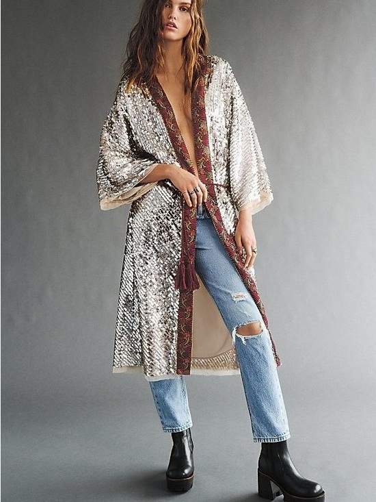 Free People Jackets & Blazers - Free People Silver Sequin Light is Coming Duster Kimono Small